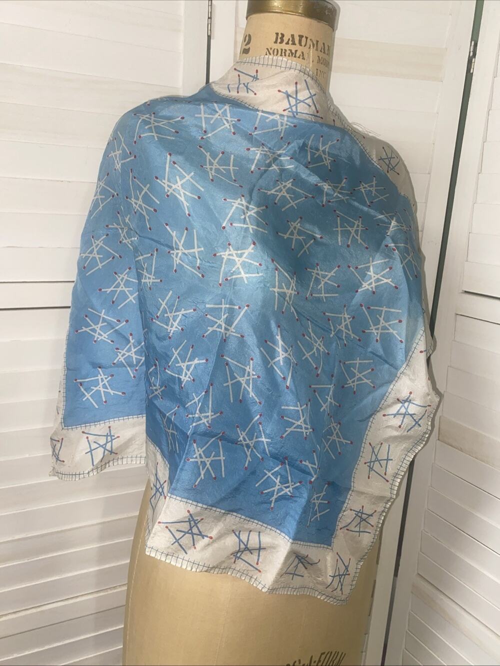 MCM 24” Square Scarf Silk Hand Rolled Hem Atomic Print Blue White Matchsticks